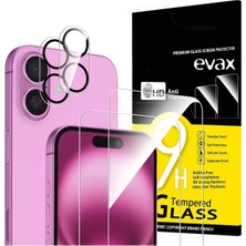 Evax (2 Cam + 2 Lens) iPhone 16 Plus Uyumlu 2 Adet Ekran Koruyucu ve 2 Adet Kamera Lens Koruyucu