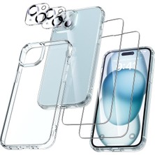 Evax (5'i 1 Arada) iPhone 15 Uyumlu 1 Şeffaf Kılıf + 2 Ekran Koruyucu + 2 Kamera Lens Koruyucu
