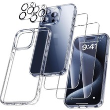 Evax (5'i 1 Arada) iPhone 15 Pro Max Uyumlu 1 Şeffaf Kılıf + 2 Ekran Koruyucu + 2 Kamera Lens Koruyucu
