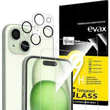 Evax (2 Cam + 2 Lens) iPhone 15 Uyumlu 2 Adet Ekran Koruyucu ve 2 Adet Kamera Lens Koruyucu
