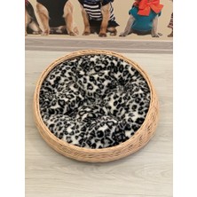 Mady Aksesuar Rattan Bambu Kedi Köpek Yatağı Siyah Leopar Detaylı 58 cm