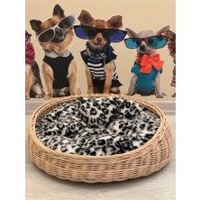 Mady Aksesuar Rattan Bambu Kedi Köpek Yatağı Siyah Leopar Detaylı 58 cm