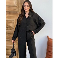 Yeni Sezon Taş Detaylı Parıltılı Beli Lastikli Pantolon Gömlek Alt Üst Oversize Takım