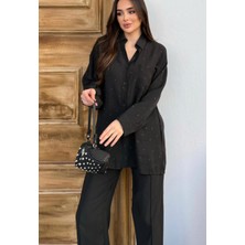 Yeni Sezon Taş Detaylı Parıltılı Beli Lastikli Pantolon Gömlek Alt Üst Oversize Takım