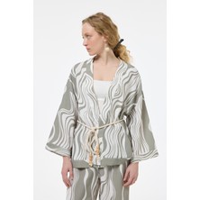 Dalga Desenli Bağlamalı Keten Kimono Haki