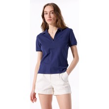 Lacivert Kadın Relaxed Düz Polo T-Shirt J5SL-TST7070
