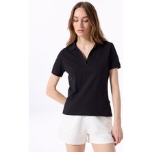 Siyah Kadın Relaxed Düz Polo T-Shirt J5SL-TST7070