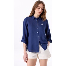 Lacivert Kadın Relaxed %100 Keten Gömlek J5SL-GML7158