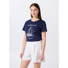Fabrika Bisiklet Yaka Baskılı Lacivert Kadın T-Shirt F5SL-TST0446