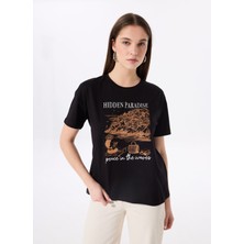 Fabrika Bisiklet Yaka Baskılı Siyah Kadın T-Shirt F5SL-TST0463