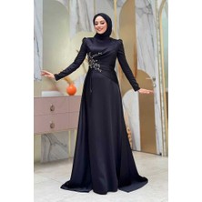 Taş Detaylı Saten Abiye 7027 Siyah