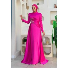 Taş Detaylı Saten Abiye 7027 Fuşya