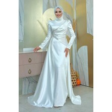 Taş Detaylı Saten Abiye 7027 Ekru