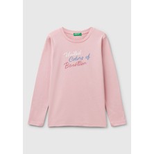 United Colors Of Benetton Kız Çocuk Pembe Simli Benetton Logo Baskılı T-Shirt
