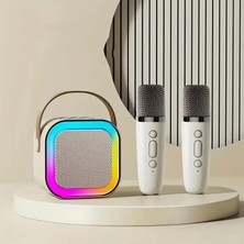 Taşınabilir Çift Mikrofonlu Rgb Renkli Kablosuz Bluetooth Karaoke Hoparlör USB Girişli Şarjlı