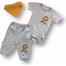 Monolyabbyx 3-6 6-9 9-12 Ay Yavru Aslan Nakışlı Bandajlı Kısa Kollu Zıbınlı 3lü Erkek Bebek Takımı