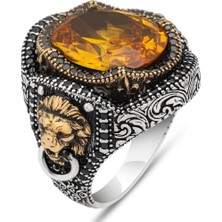 Aslan Kapı Tokmak Modeli Sarı Taşlı 925 Gümüş Yüzük