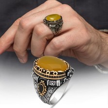 Sarı Akik Taşlı 925 Gümüş Erkek Yüzük