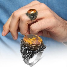 Sarı Sitrin Taşlı 925 Gümüş Erkek Yüzük