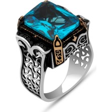 Aqua Mavi Taşlı Kare 925 Gümüş Erkek Yüzük