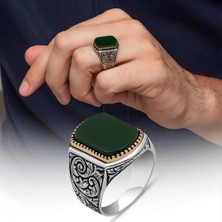 Yeşil Akik Taşlı Oyma Motif 925 Gümüş Erkek Yüzük