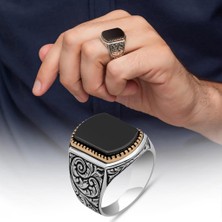 Siyah Oniks Taşlı Oyma Motif 925 Gümüş Erkek Yüzük