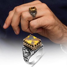 Sarı Taşlı Şahin Başı Motifli 925 Gümüş Erkek Yüzük