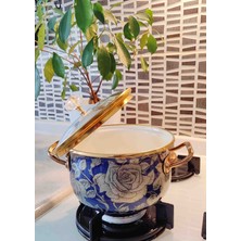 Lacivert Gül Emaye Lux Tencere 2 Litre 18 cm Çap Kristal Tepe Çorba Süt Yoğurt Tenceresi