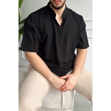 Soro Erkek Oversize Keten Görünümlü Kısa Kol Hakim Yaka Yarım Pat Gömlek