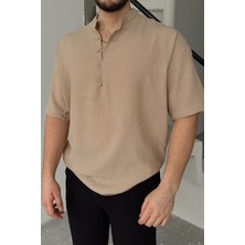 Soro Erkek Oversize Keten Görünümlü Kısa Kol Hakim Yaka Yarım Pat Gömlek