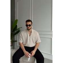 Soro Erkek Oversize Keten Görünümlü Kısa Kol Hakim Yaka Yarım Pat Gömlek