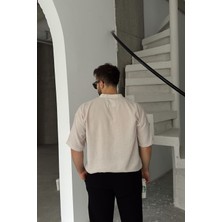 Soro Erkek Oversize Keten Görünümlü Kısa Kol Hakim Yaka Yarım Pat Gömlek
