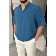 Livio Ferri Soro Erkek Oversize Keten Görünümlü Kısa Kol Hakim Yaka Yarım Pat Gömlek