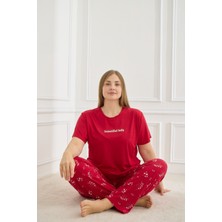 Kadın Desenli Kısa Kollu Esnek Yumuşak Dokulu Milan Kumaş Kırmızı Yazlık Büyük Beden Pijama Takımı