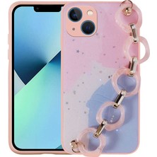 Apple iPhone 13 Kılıf Simli Desenli El Askılı Tutacaklı Elsa Silikon Kapak-Pembe