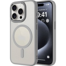 Apple iPhone 15 Pro Kılıf Wireless Şarj Özellikli Krom Magsafe Silikon Kapak-Gri