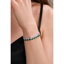 Gümüş Baget Pembe Kuvars ve Yeşil Zirkon Kübik Taşlı Iki Sıralı Rodyumlu Su Yolu Bileklik