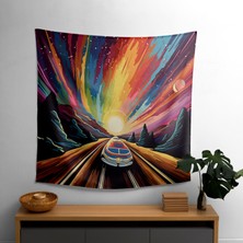 Retro Kozmik Yolculuk Duvar Örtüsü -  Pamuk Sırt, Polyester Ön - Canlı Renkler, Süblimasyon