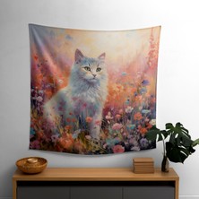 Kır Çiçekleri Duvar Örtüsündeki Empresyonist Kedi - Modern Ev Dekorasyonu Için Canlı Kumaş