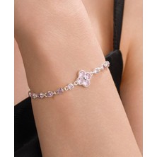 Gümüş Yonca Çiçek Açık Pembe Zirkon Taşlı Su Yolu Bileklik