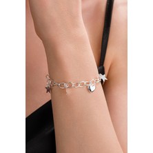 Gümüş Yıldız Yuvarlak Kalpli Kalp ve Toplu Oval Ataç Zincir Hallow Taşsız Yildizli Bileklik