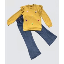 Monolyabbyx 4-5-6 Yaş Kot Pantolonlu Flamingo Desenli Penye Sweat Uzun Kollu 2li Kız Çocuk Takımı