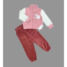 Monolyabbyx 1-2-3 Yaş Kuzu Kumaş Fermuarlı Sweat Kadife Pantolonlu Uzun Kollu Kız Erkek Çocuk 2li Takım