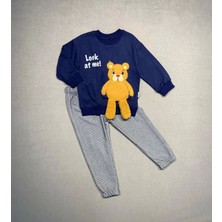 Monolyabbyx 2-3-4 Yaş Ayıcık Sallanan Ayak Desenli Likra Penye Kumaş Sweat Pantolonlu Kız Erkek 2li Çocuk Takımı