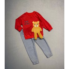 Monolyabbyx 2-3-4 Yaş Ayıcık Sallanan Ayak Desenli Likra Penye Kumaş Sweat Pantolonlu Kız Erkek 2li Çocuk Takımı