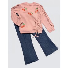 Monolyabbyx 4-5-6 Yaş Kot Pantolonlu Kiraz Desenli Penye Sweat Uzun Kollu 2li Kız Çocuk Takımı