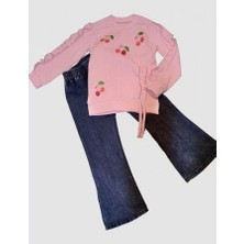 Monolyabbyx 4-5-6 Yaş Kot Pantolonlu Kiraz Desenli Penye Sweat Uzun Kollu 2li Kız Çocuk Takımı
