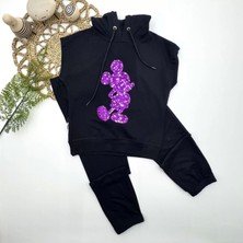 Monolyabbyx 3-4-5 Yaş Kapşonlu Payetli Mickey Desenli Kısa Kol 2li Kız Erkek Çocuk Takımı