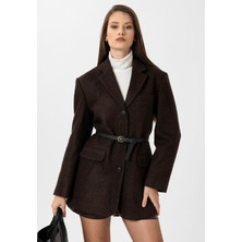 Antioch Kahve Kadın Balıksırtı Desenli Blazer Ceket