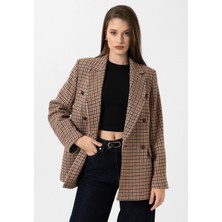 Antioch Kiremit Kadın Kazayağı Desenli Blazer Ceket